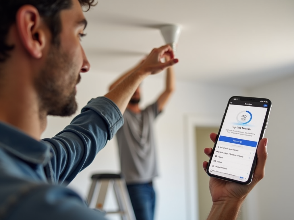 Installing a smart light bulb with smartphone app guidance.