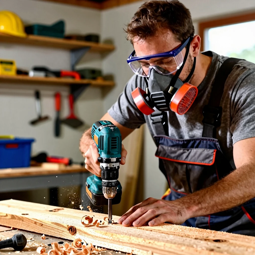 DIY worker using a power drill with safety glasses and dust mask