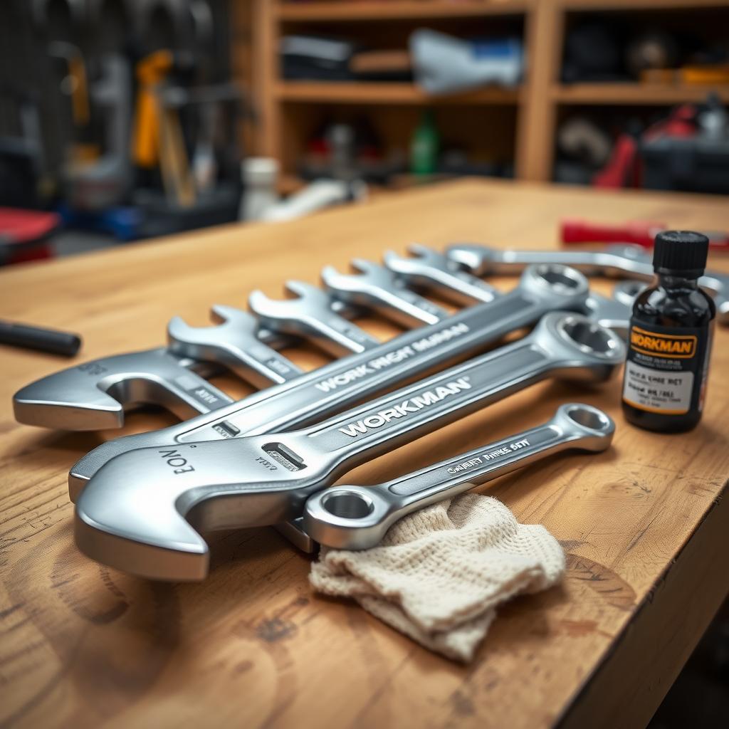 Clean Workman ratcheting wrench set on a wooden workbench with cleaning supplies
