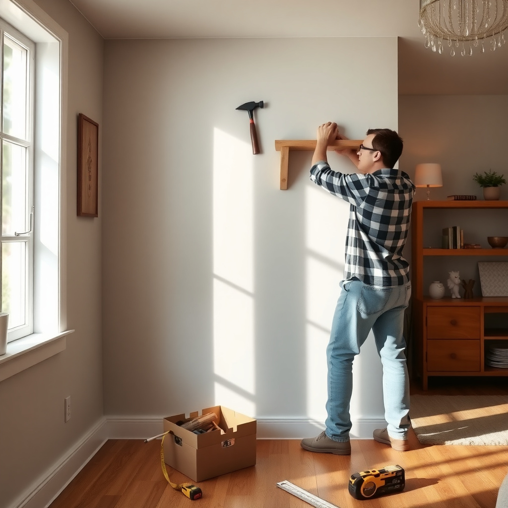 Homeowner installing a shelf with basic DIY tools