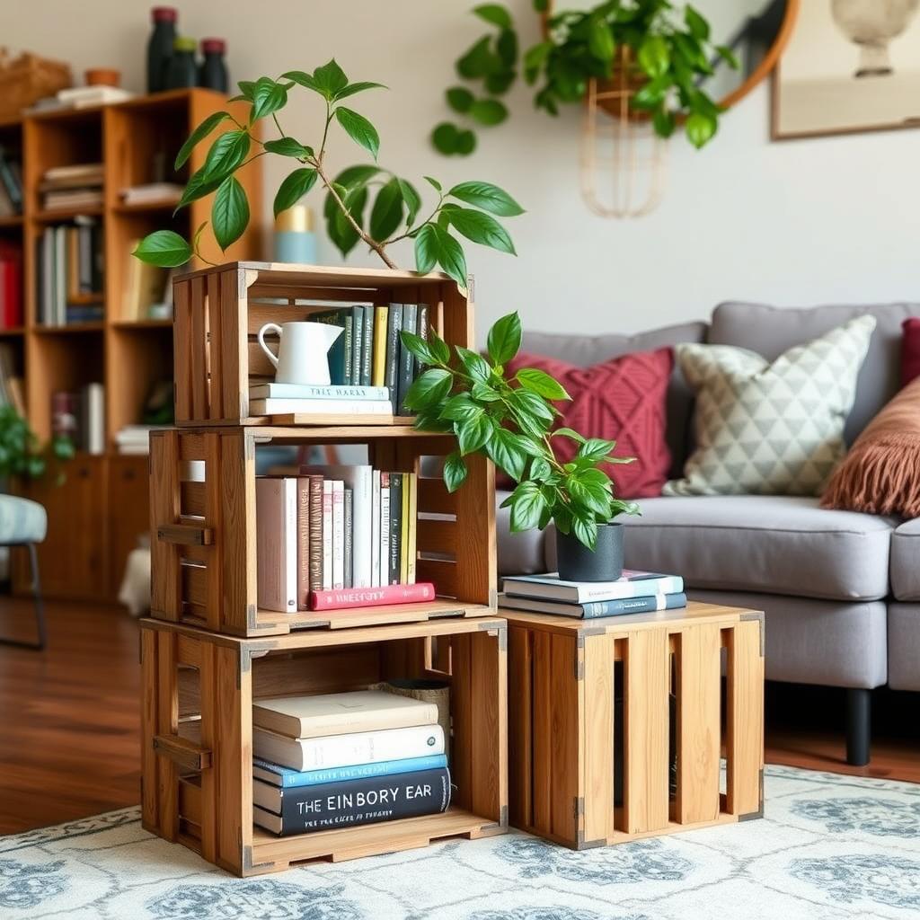 DIY wooden crates stacked for storage in a living room