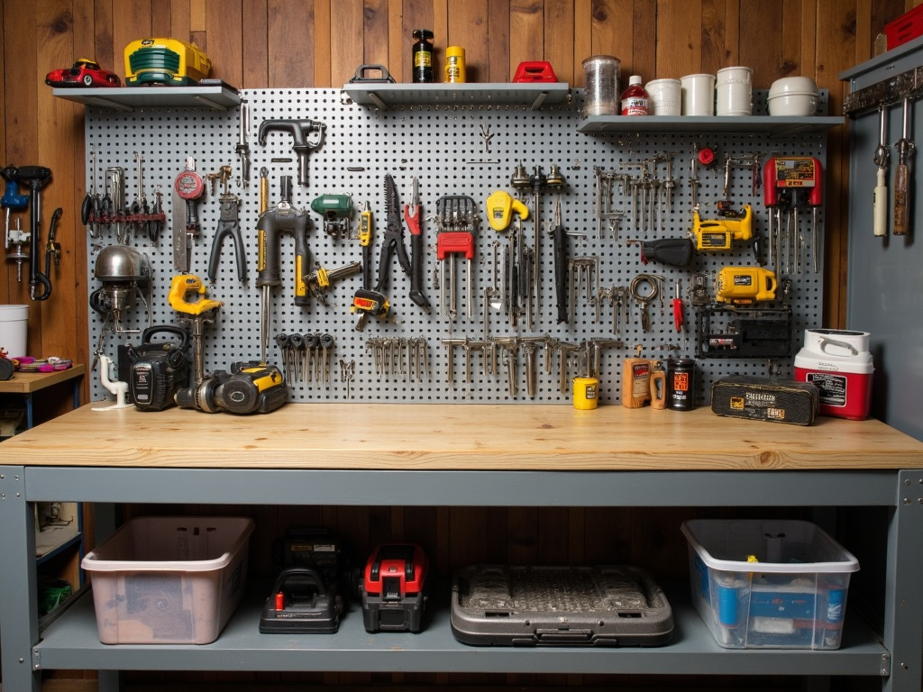 A durable metal workbench with organized tool storage.