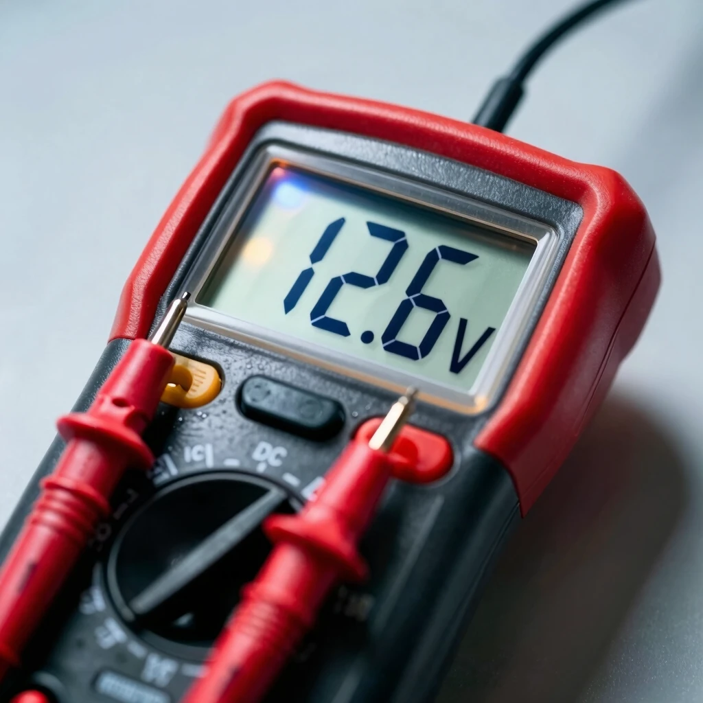 Close-up of multimeter screen showing battery voltage reading