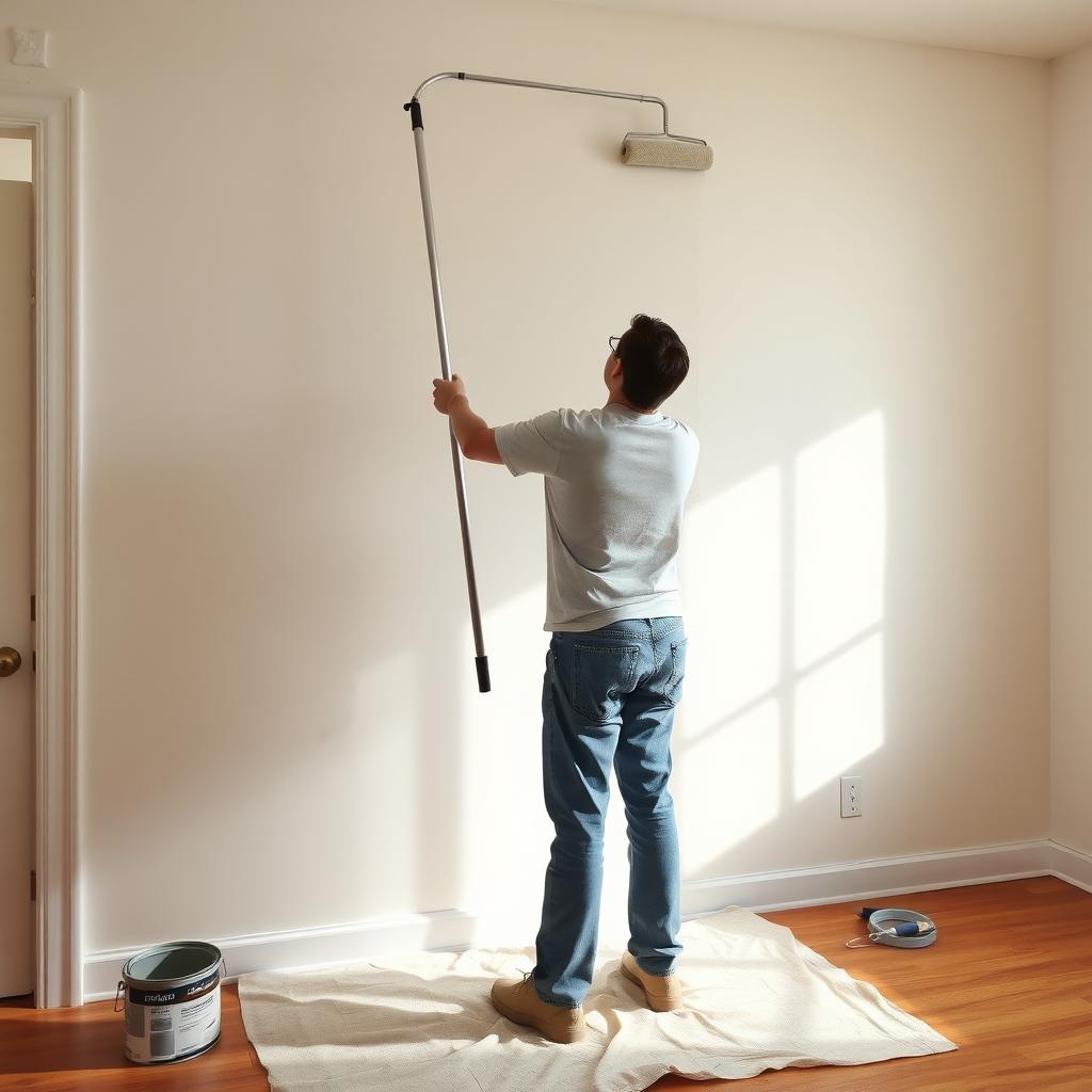 Painter using an extension pole to paint a tall wall