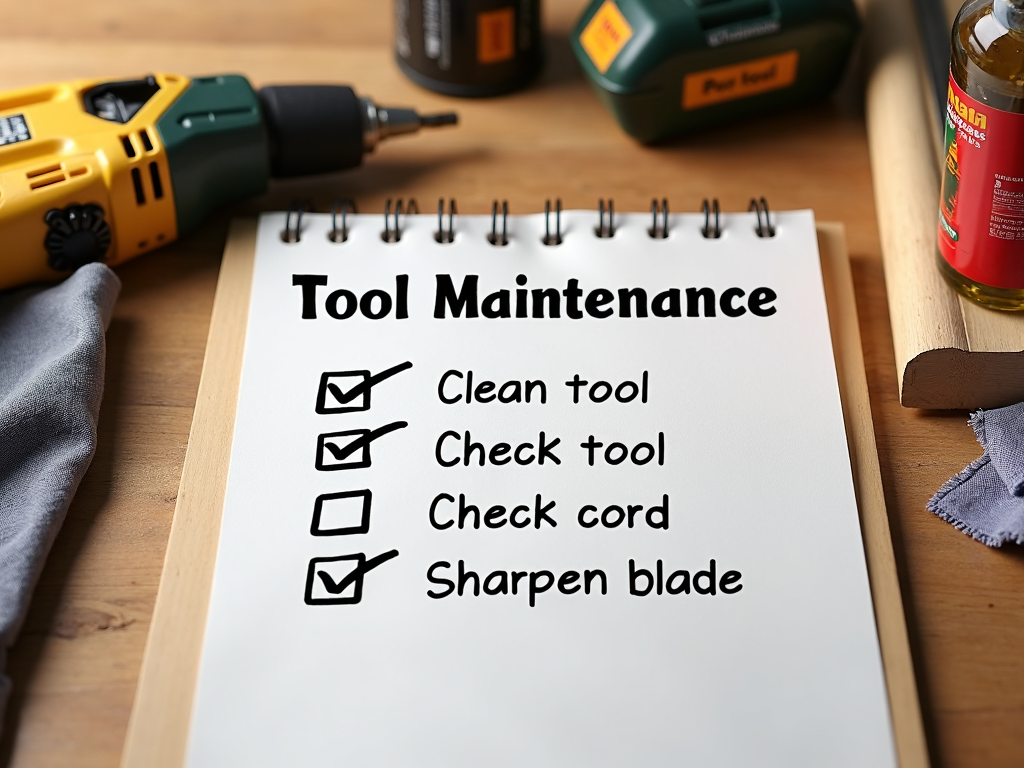 A tool maintenance checklist on a workbench.