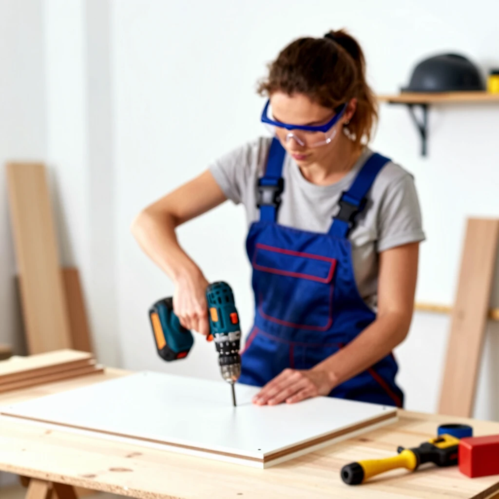 Beginner using a cordless drill for DIY furniture assembly