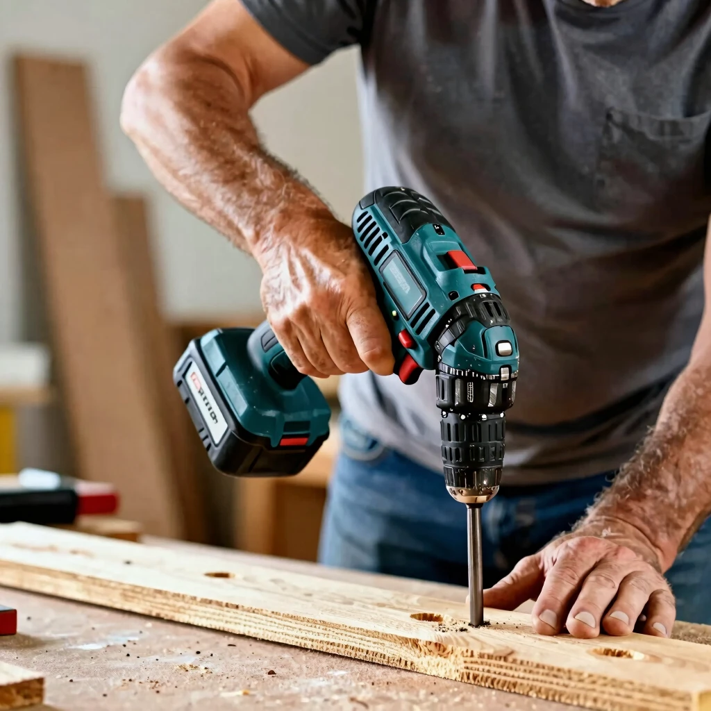 Man using an ergonomic cordless power drill comfortably on wood