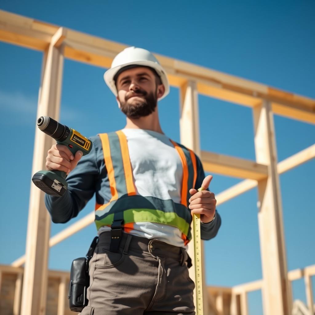 Builder with cordless drill and measuring tape on-site