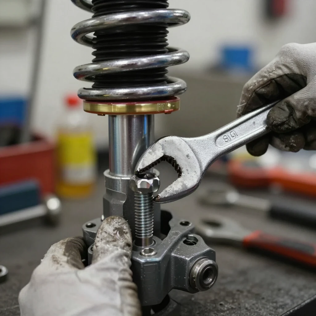 Mechanic using a combination wrench on a car bolt
