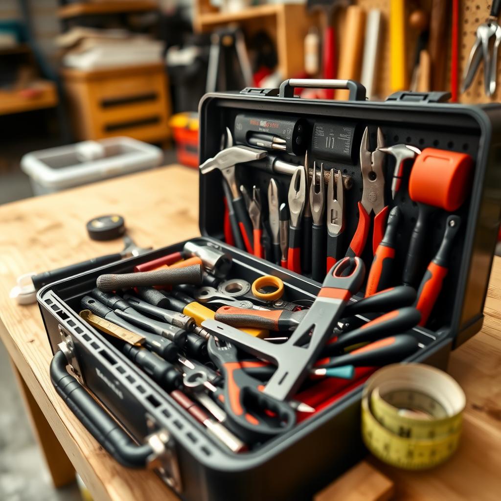 A neatly organized toolbox with hand tools on a wooden workbench in a garage.