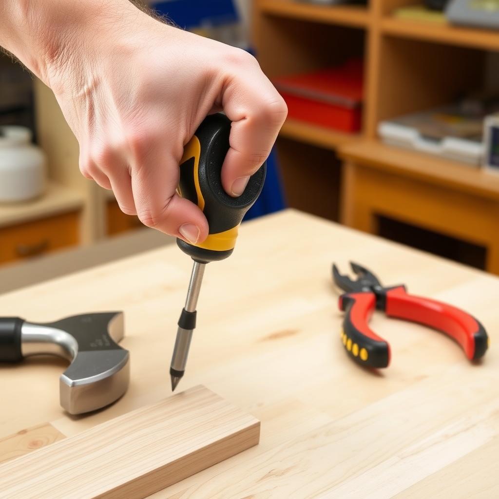 A hand using an ergonomic screwdriver, with other ergonomic tools on a tidy workbench.