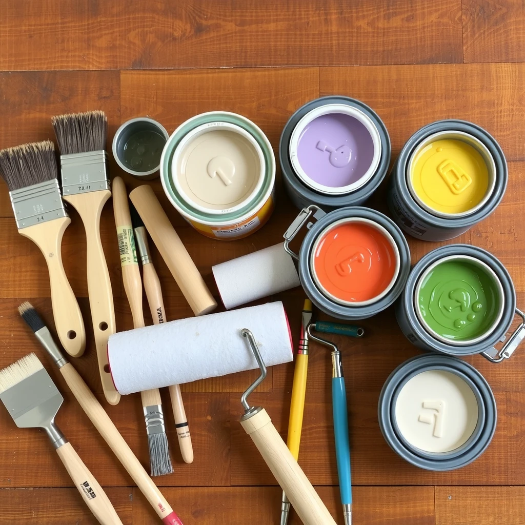 Eco-friendly painting tools including brushes, rollers, and low-VOC paint cans