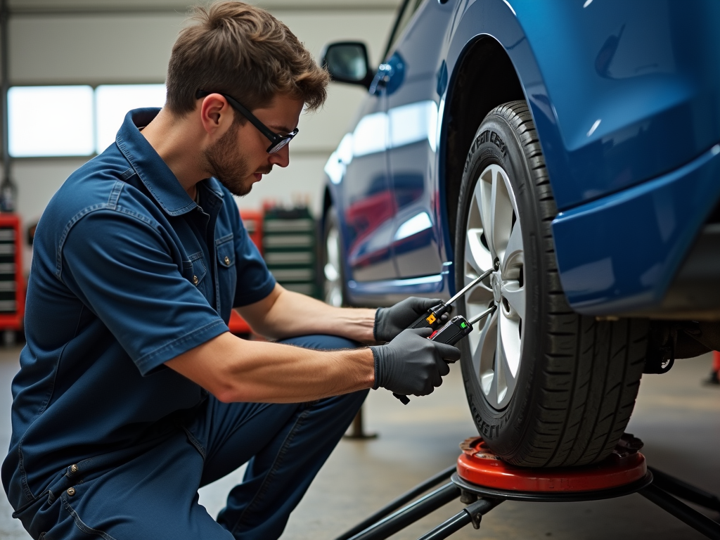 Mechanic tightening car wheel with torque wrench