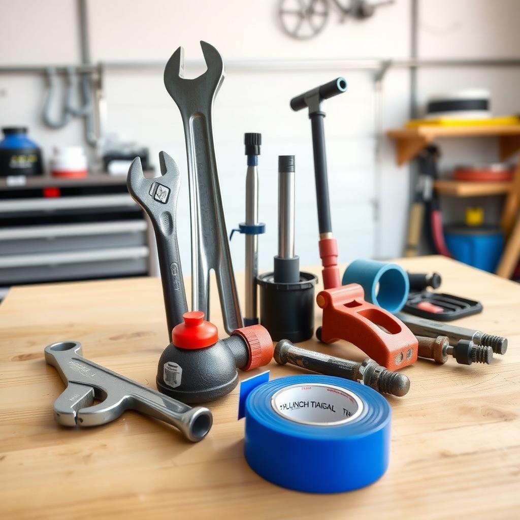 A collection of plumbing tools, including wrenches and a plunger, neatly arranged on a wooden workbench in a well-lit garage.