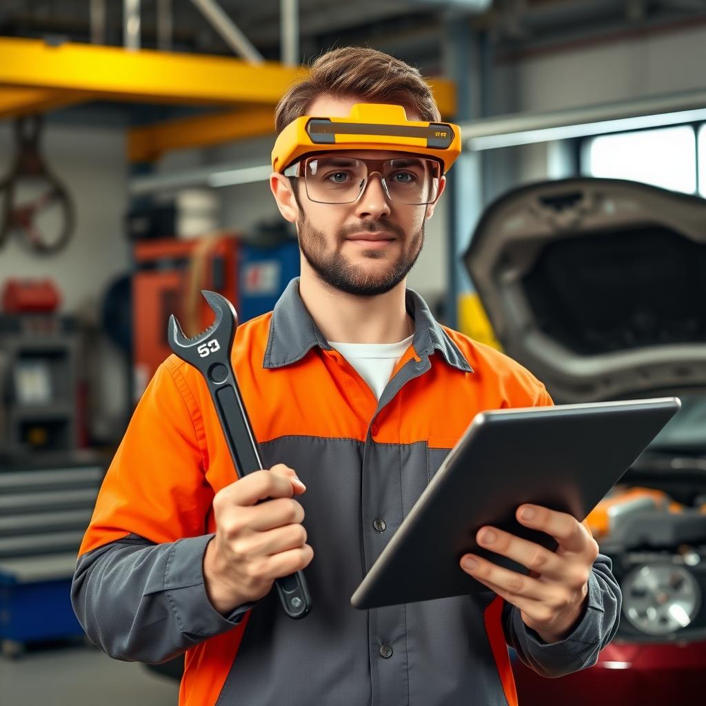 Mechanic using AR safety glasses and a smart wrench in a high-tech garage.