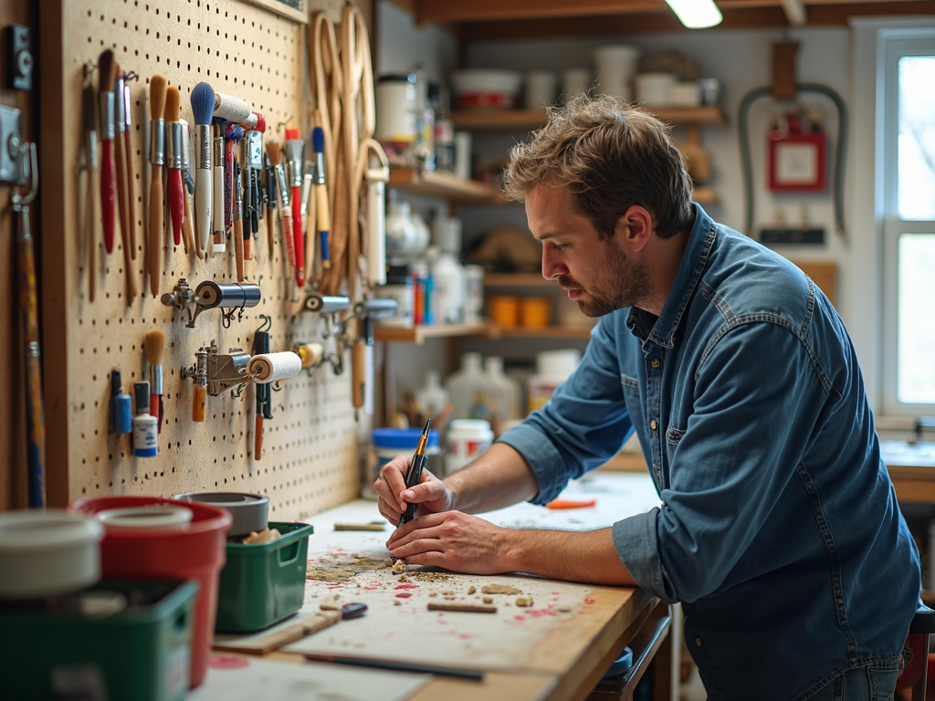 Organized painting tools on a pegboard in a small workshop.