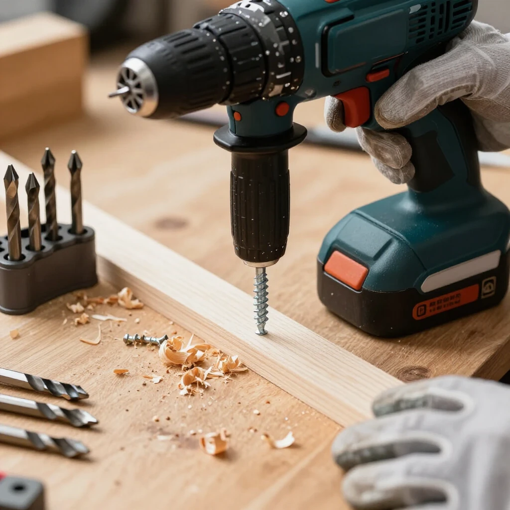 Close-up of power drill in use on a brightly lit workbench