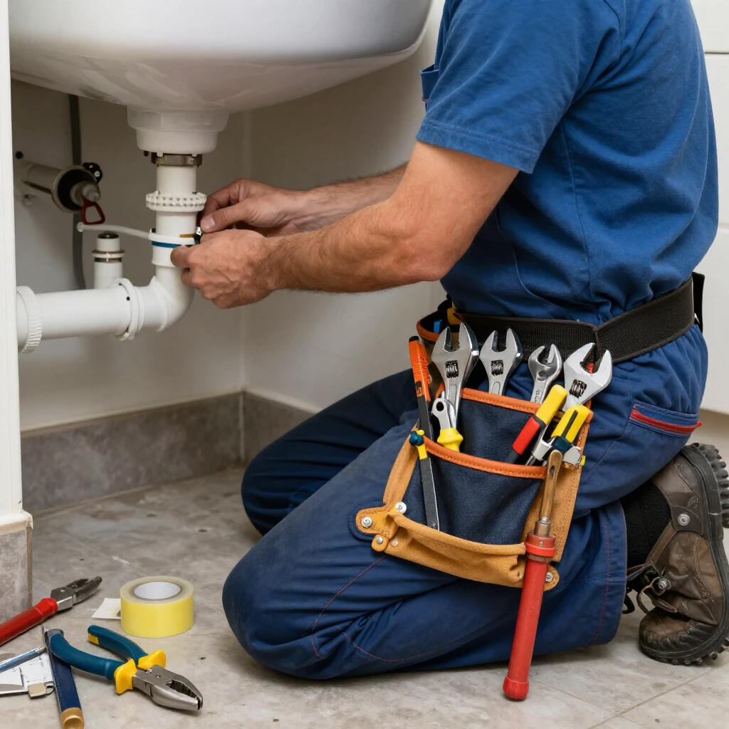 Plumber at work with a functional tool belt stocked with wrenches, cutters, and plumbing tools