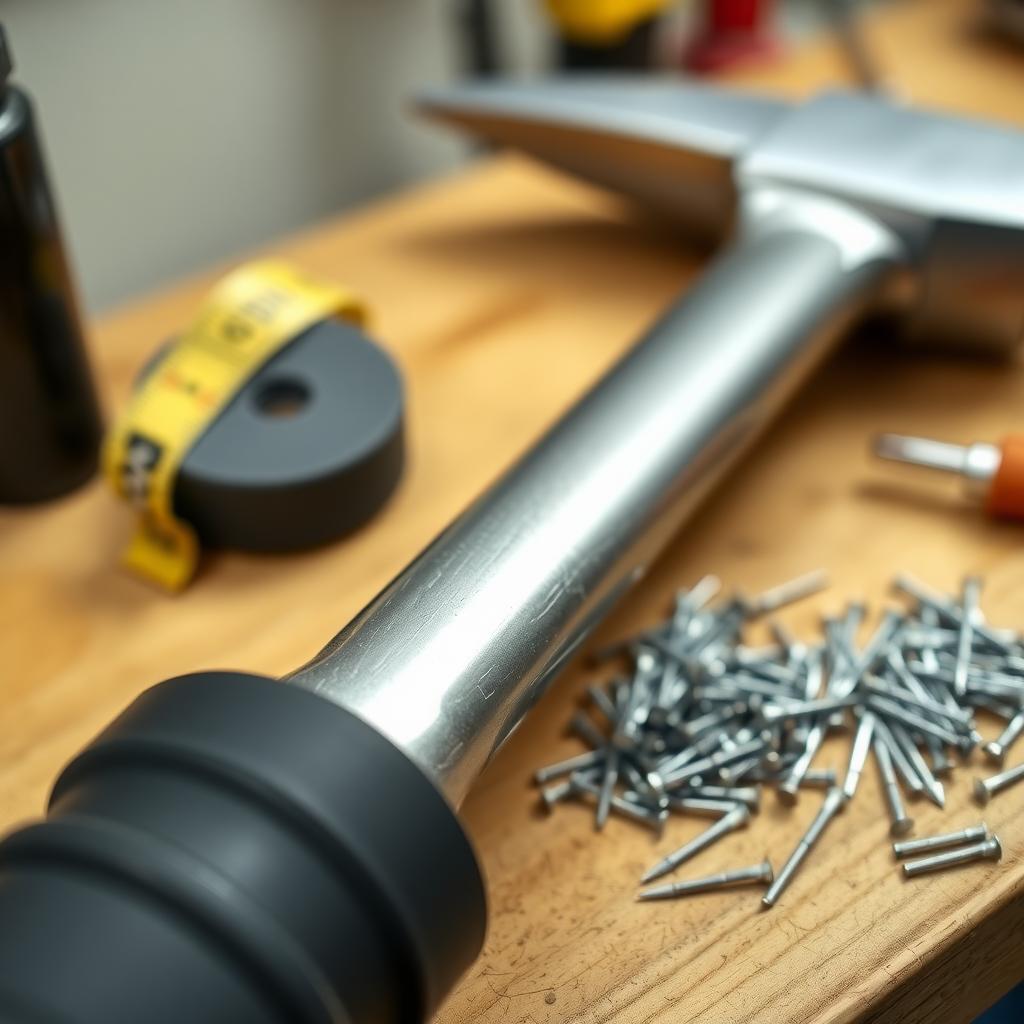 Close-up of a 16-ounce claw hammer on a wooden workbench with nails and other tools in the background.