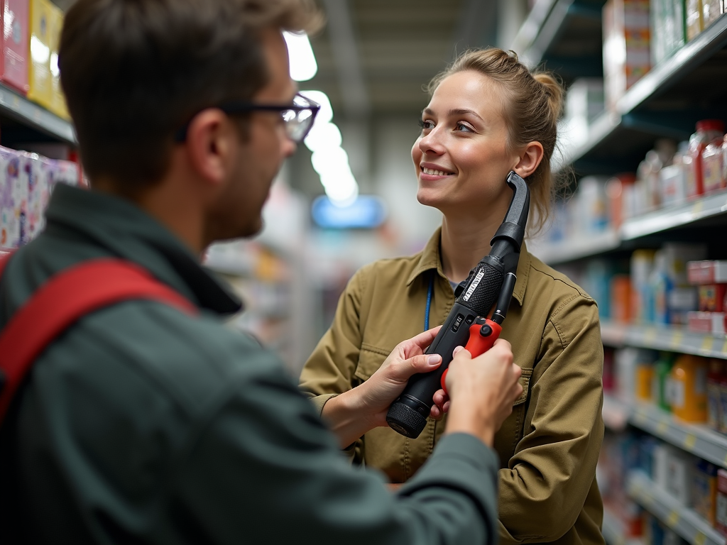 Worker testing ergonomic tool in store