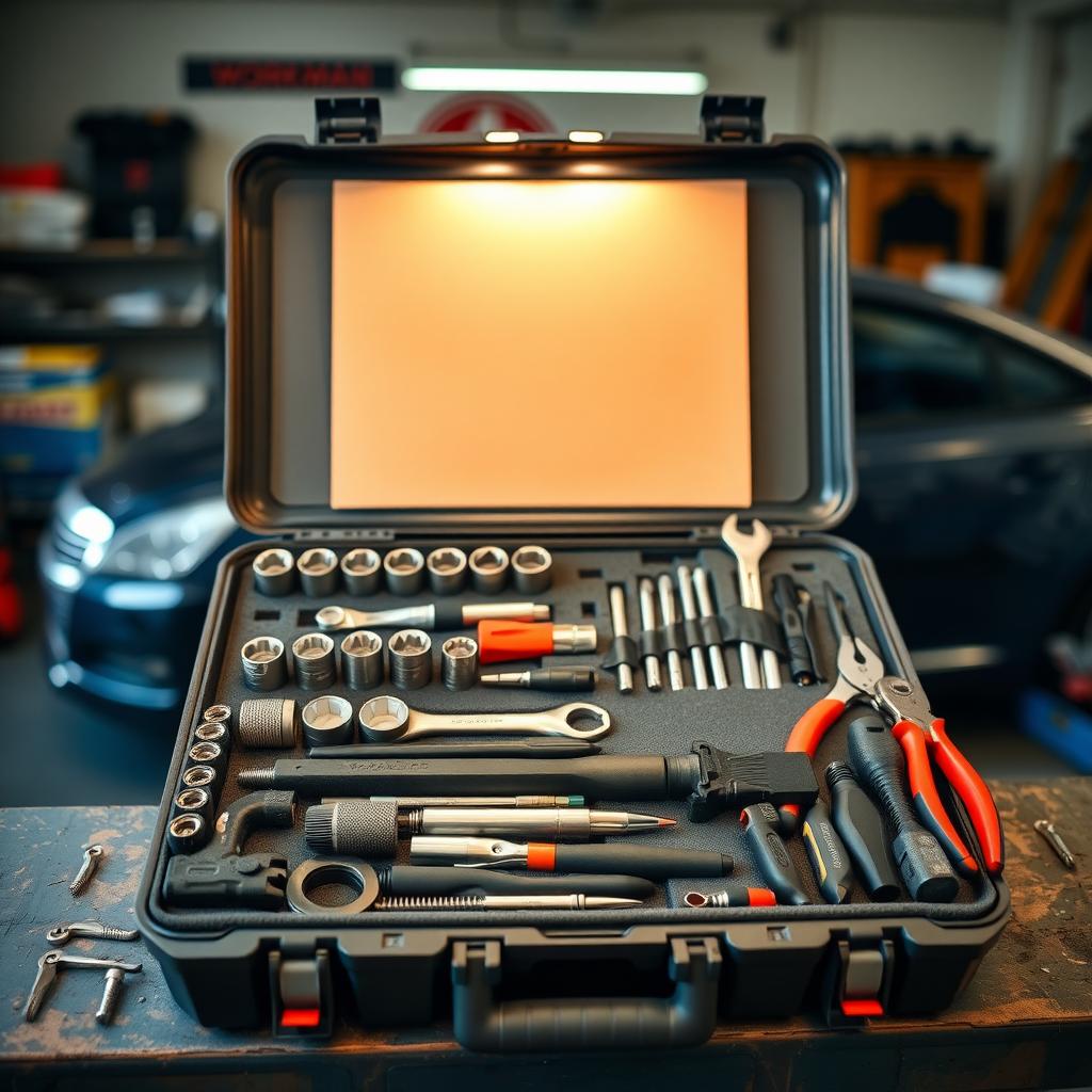 Open toolbox with organized workman tools on a garage workbench