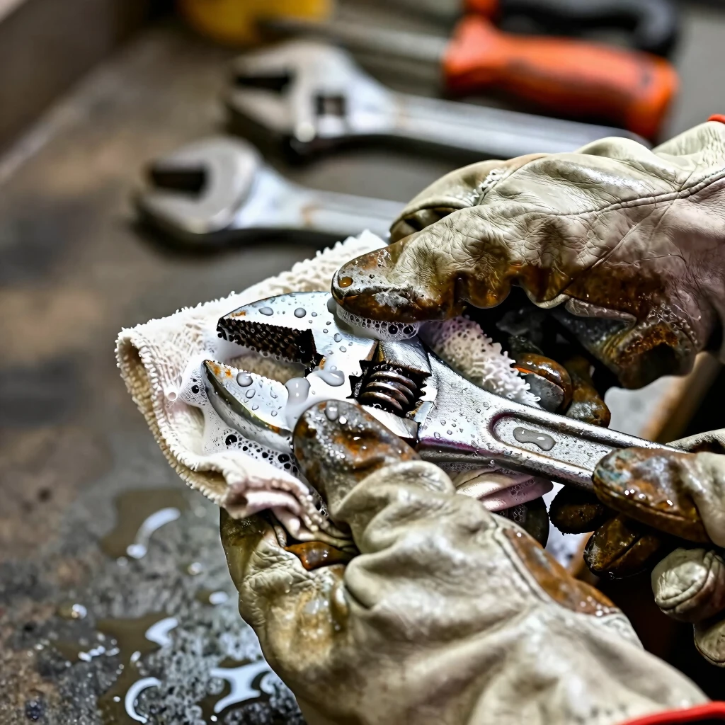 Hands cleaning a wrench with soap and water