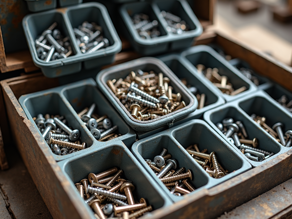 Modular bins in a toolbox organizing small hardware pieces.