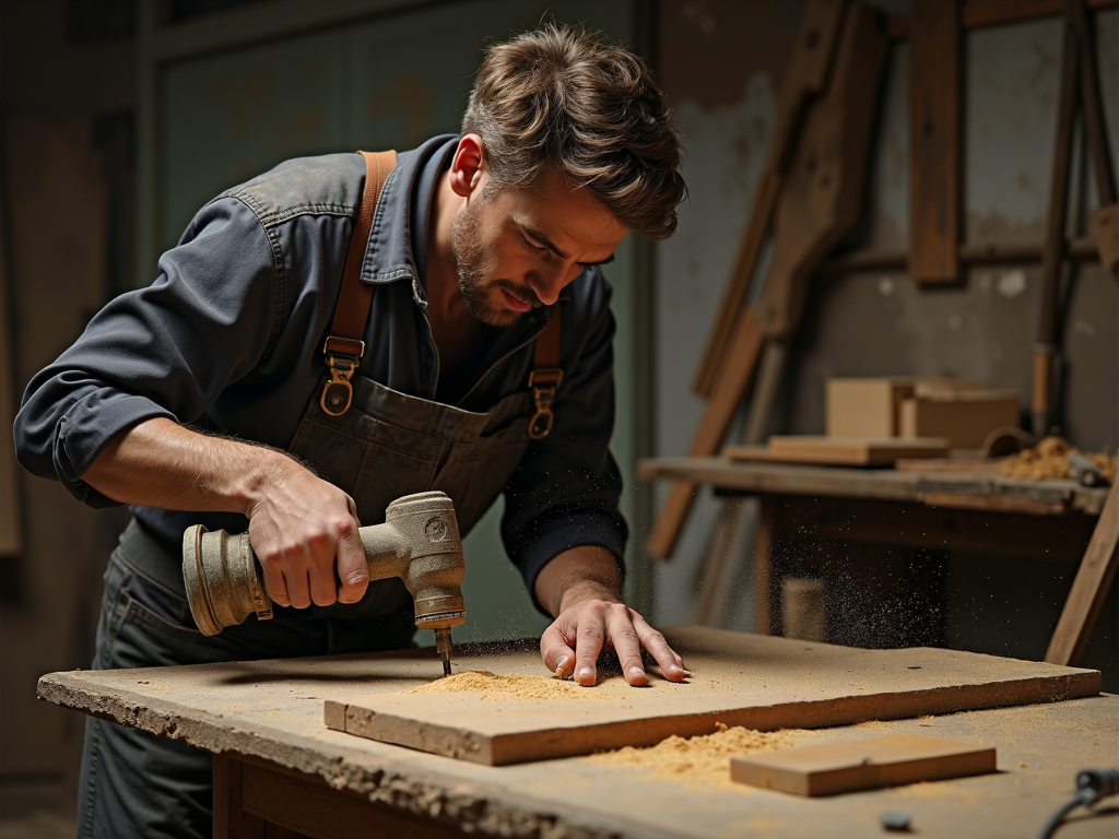 Workman using drill on wood