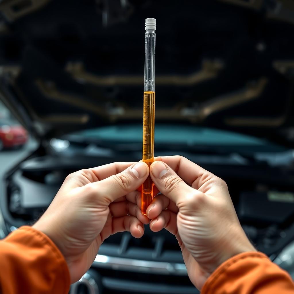 Hands holding a dipstick with clean oil in a garage