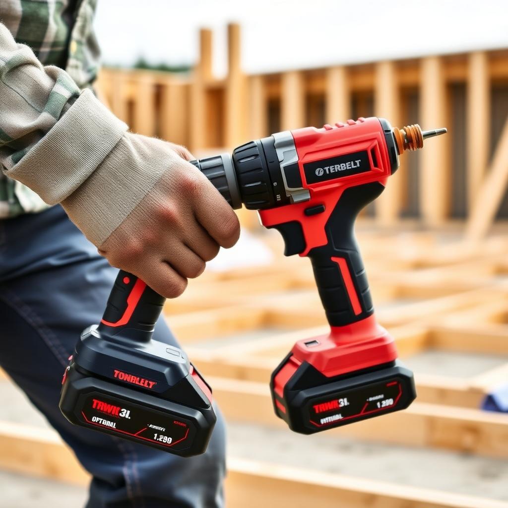 Cordless drill in use on a construction site.