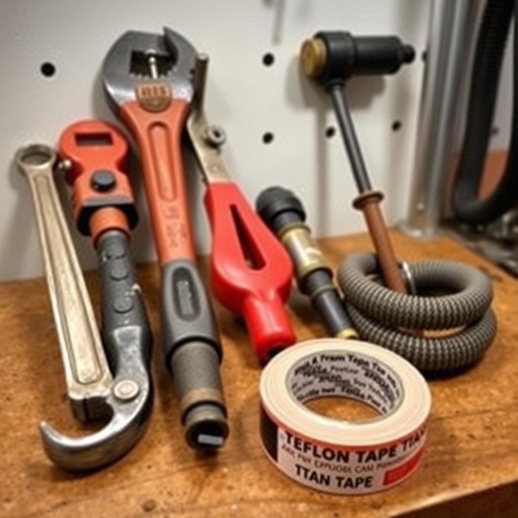 Assortment of plumbing tools including wrenches, plunger, and Teflon tape on a workbench.