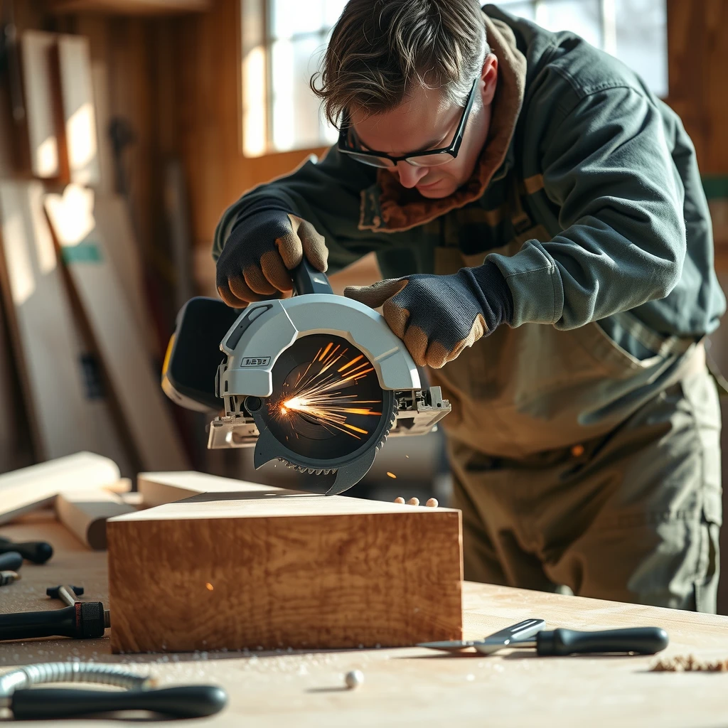 Craftsman cutting wood with advanced circular saw, a key workman tool