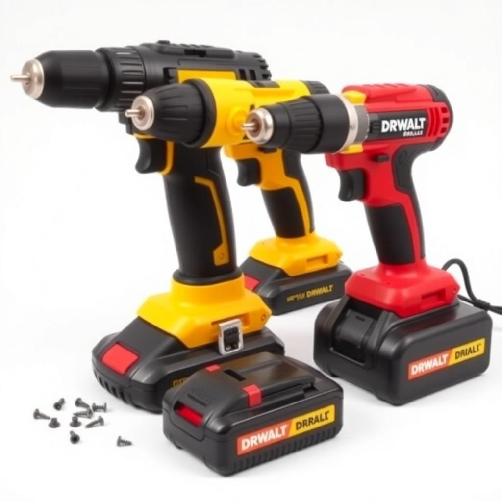 Three cordless drills of different brands on a white background
