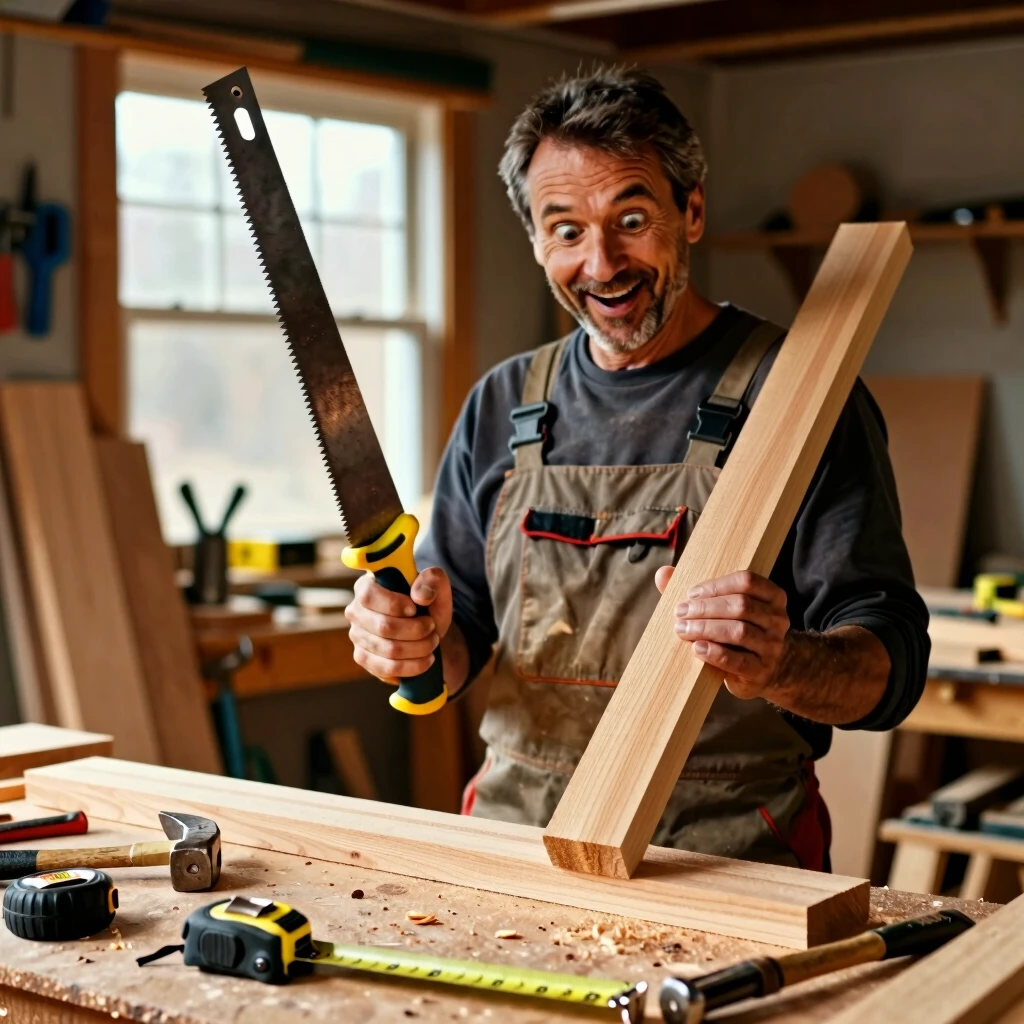 Excited beginner woodworker in home garage holding a handsaw and plank