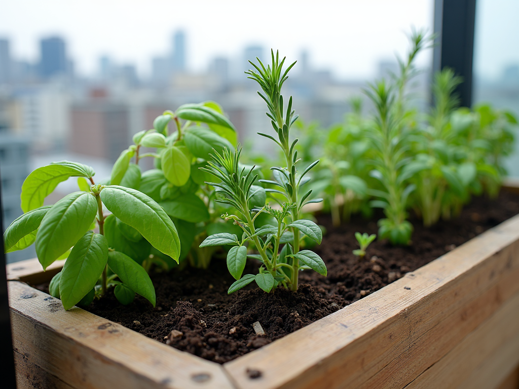 A wooden planter box with herbs on a balcony.