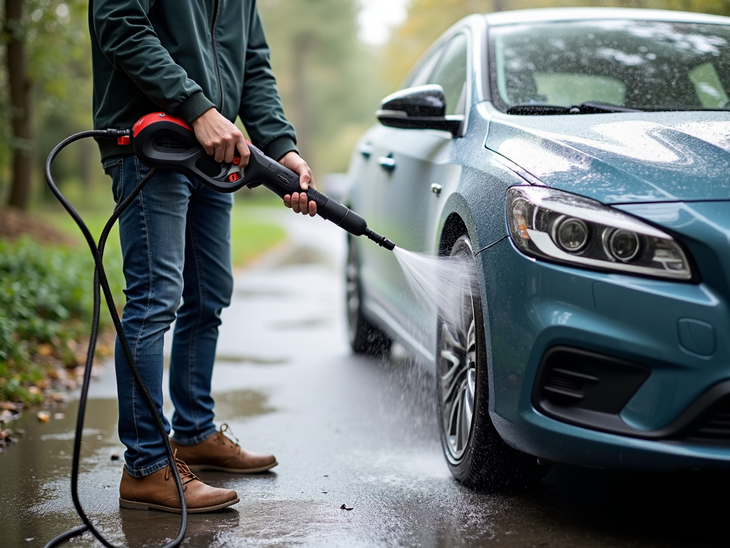 Cleaning a car with a power washer