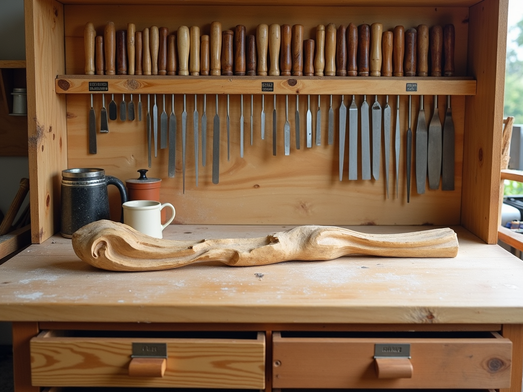 Organized workbench with woodworking tools
