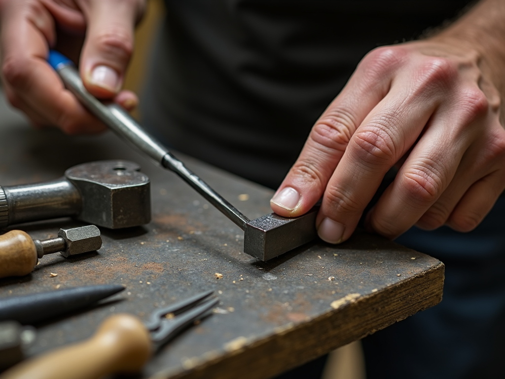 Metalworker's hands filing a metal piece with hand tools in the background