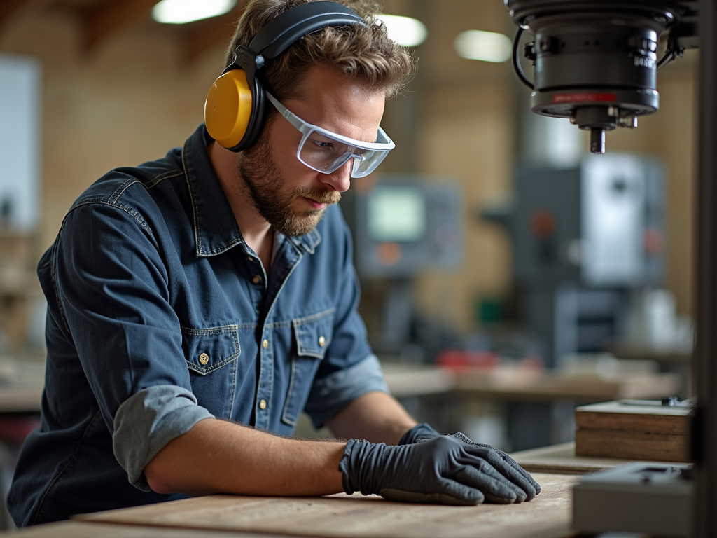 Craftsman with safety gear using CNC machine.