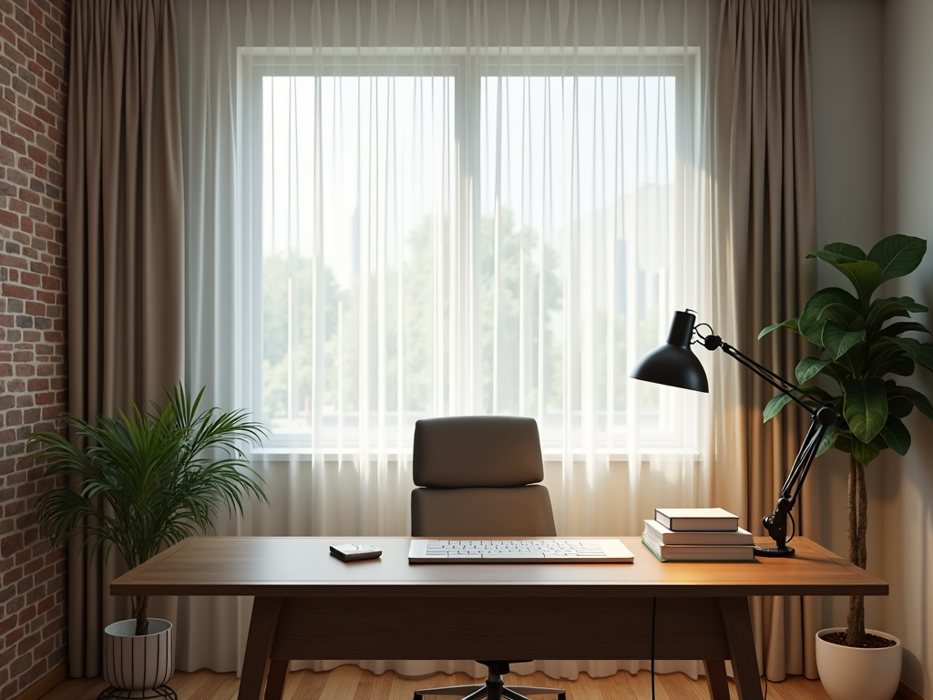A brightly lit home office with natural light and adjustable desk lighting.