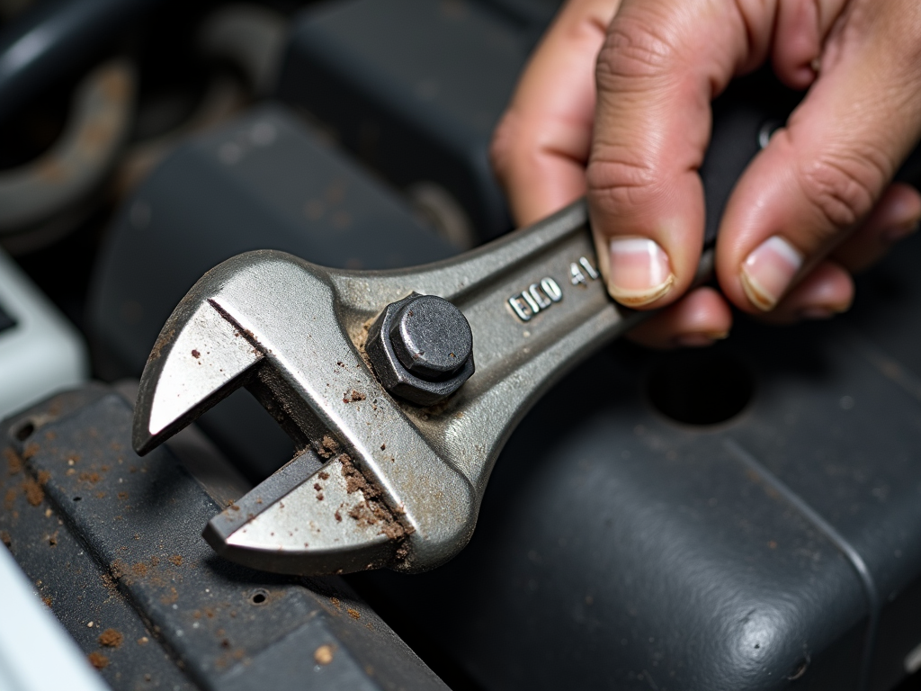 Mechanic using an adjustable wrench on a car engine