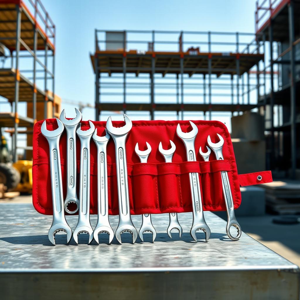 A wrench set in a roll-up pouch on a metal workbench.