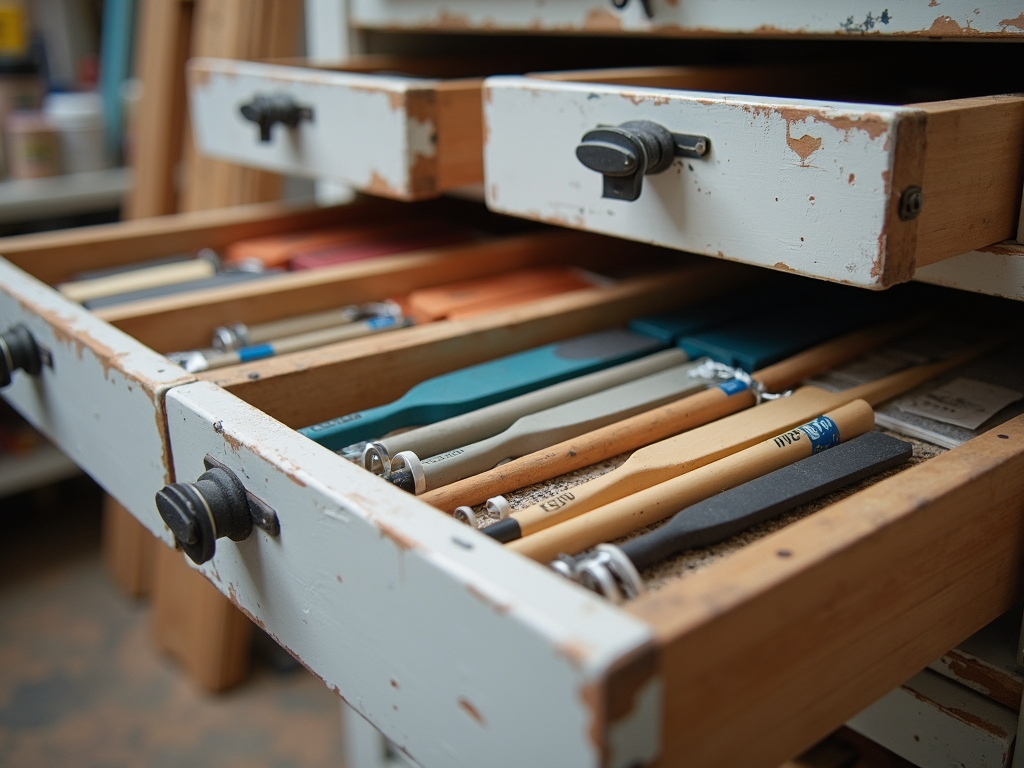 A tool chest with labeled drawers for painting tools.
