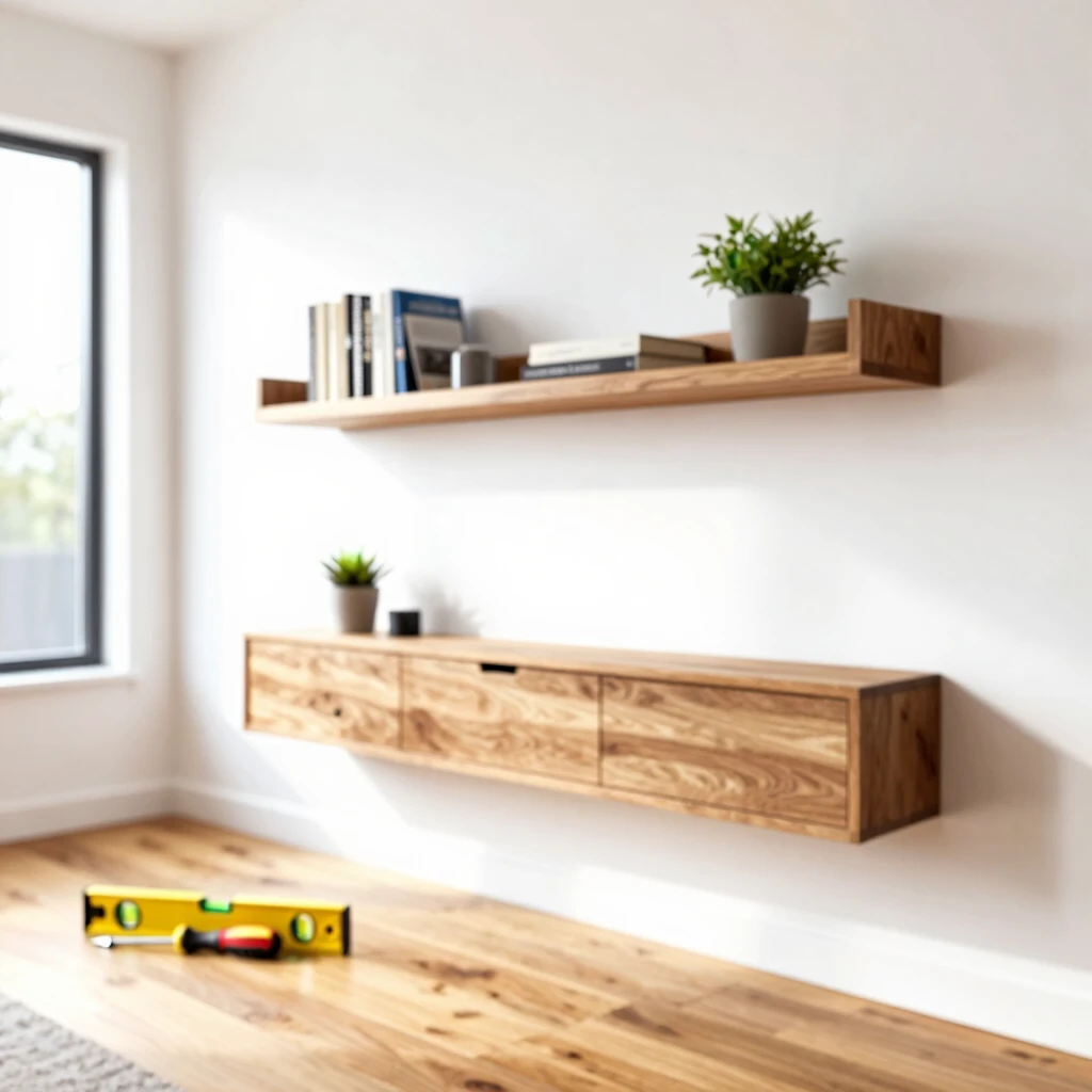 Finished DIY floating shelf in living room