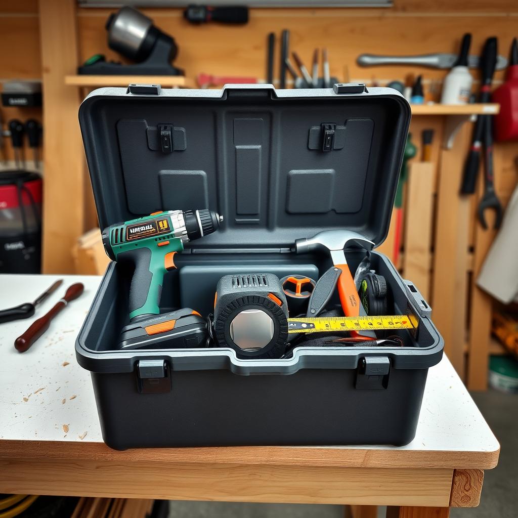 An open toolbox on a workshop bench, displaying a cordless drill, hammer, tape measure, level, and utility knife.