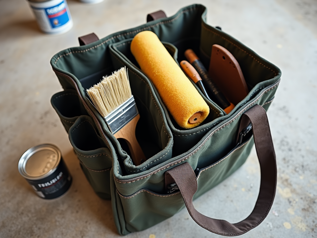 A portable tool bag with organized painting tools.