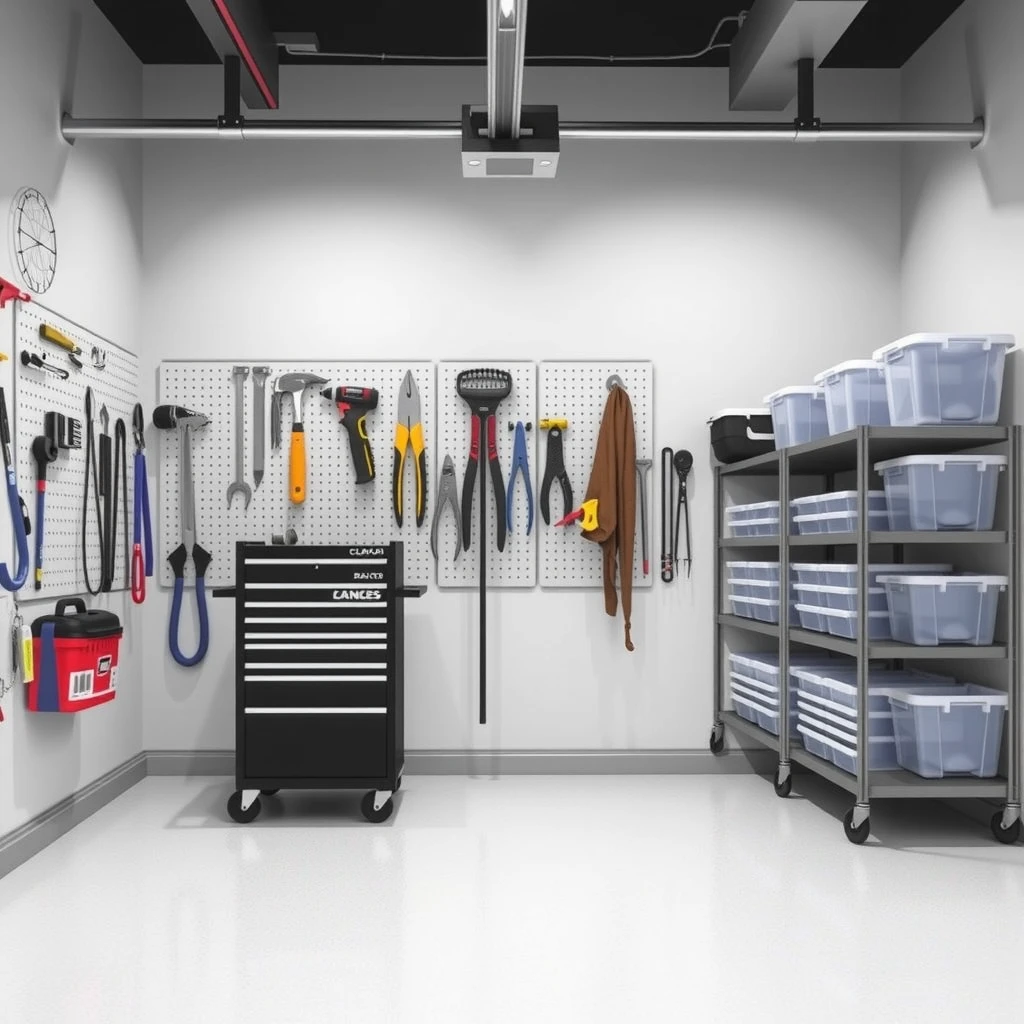 Well-organized small garage with pegboards, shelves, and tool storage