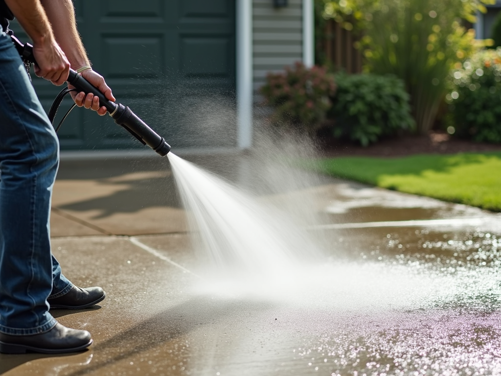 Person power washing a driveway