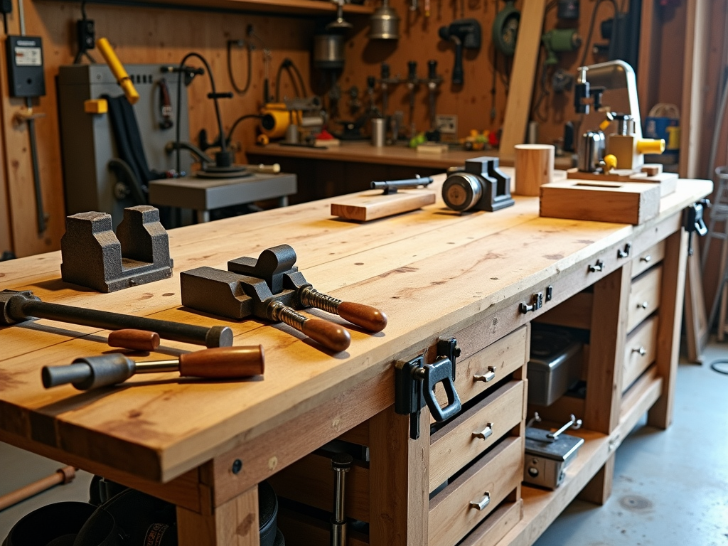 Woodworking workbench with tools