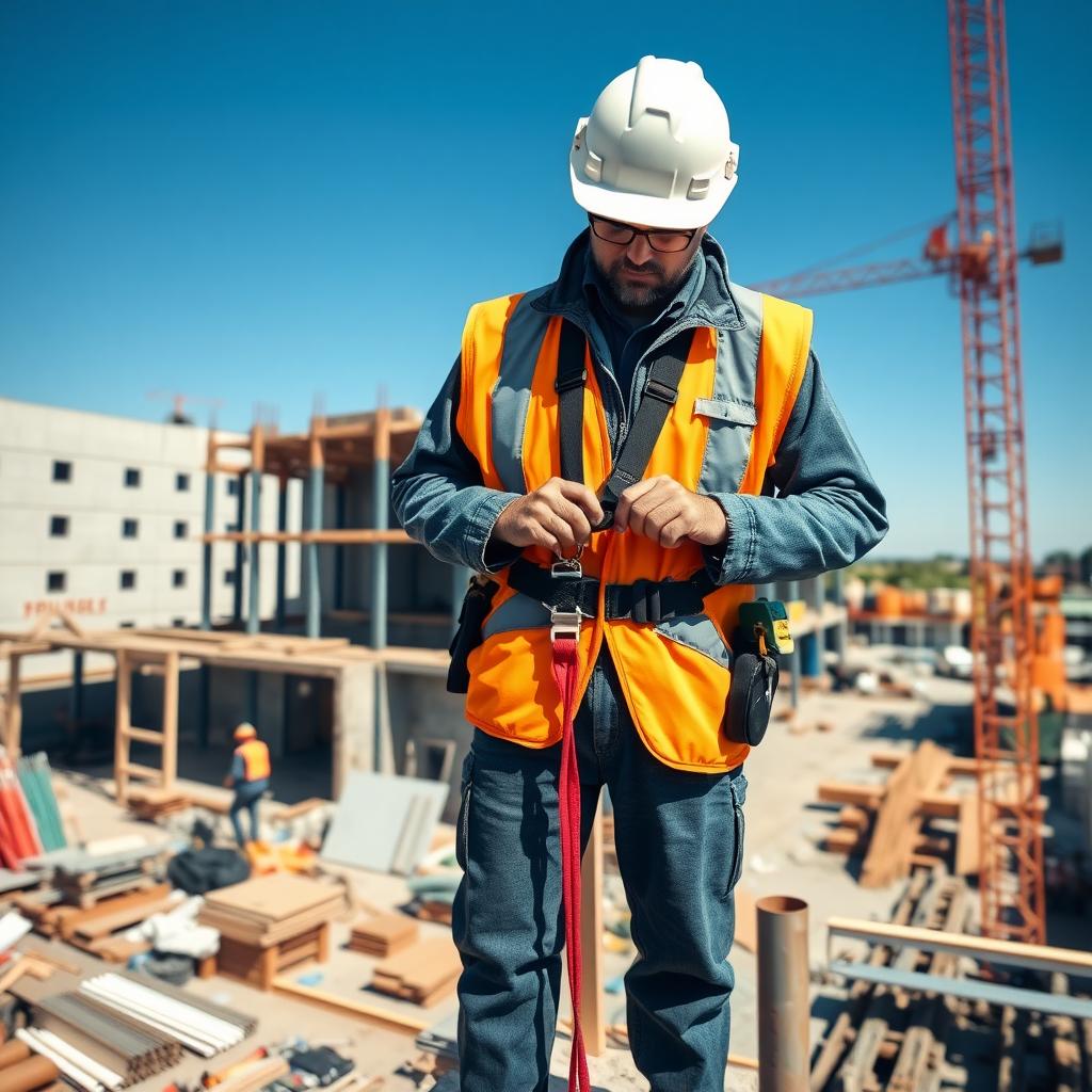 Construction worker in a high-visibility vest inspecting a safety harness on a scaffold at a busy construction site.